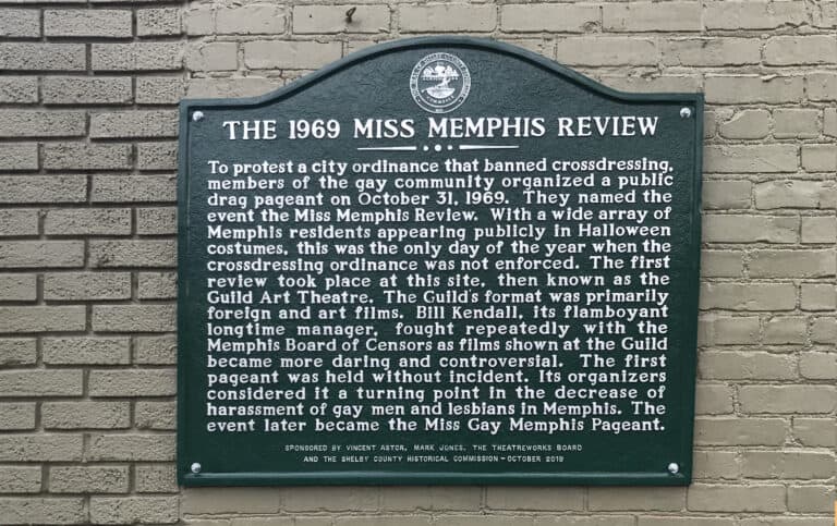Historical marker commemorating the 1969 Miss Memphis Review outside the Evergreen Theatre