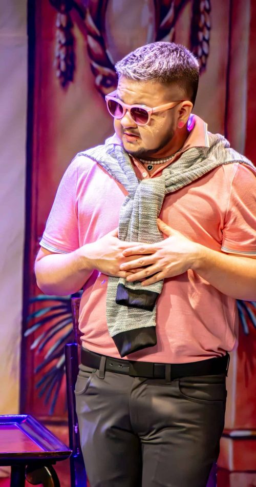 Performer in pink sunglasses and casual outfit on stage at Death Drop at Hotel Le'George. — friendsofgeorges.org